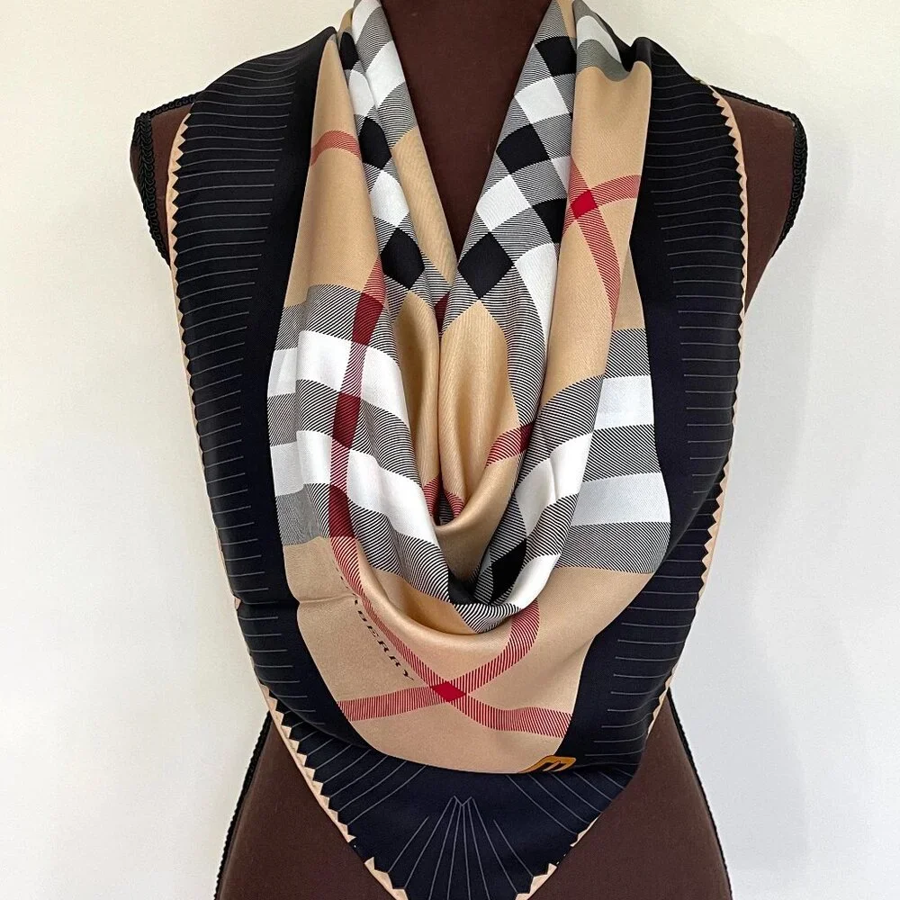 New Burberry Scarf House Check Beige Black Border Silk Scarf Wrap - Picture 5 of 14